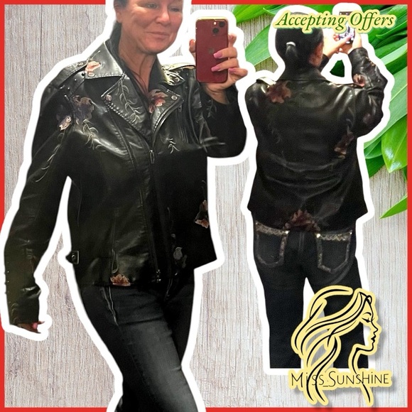 Colleen Lopez -Sz XL - Black F. Leather Jacket - Floral embroidery - black studs - Picture 1 of 12